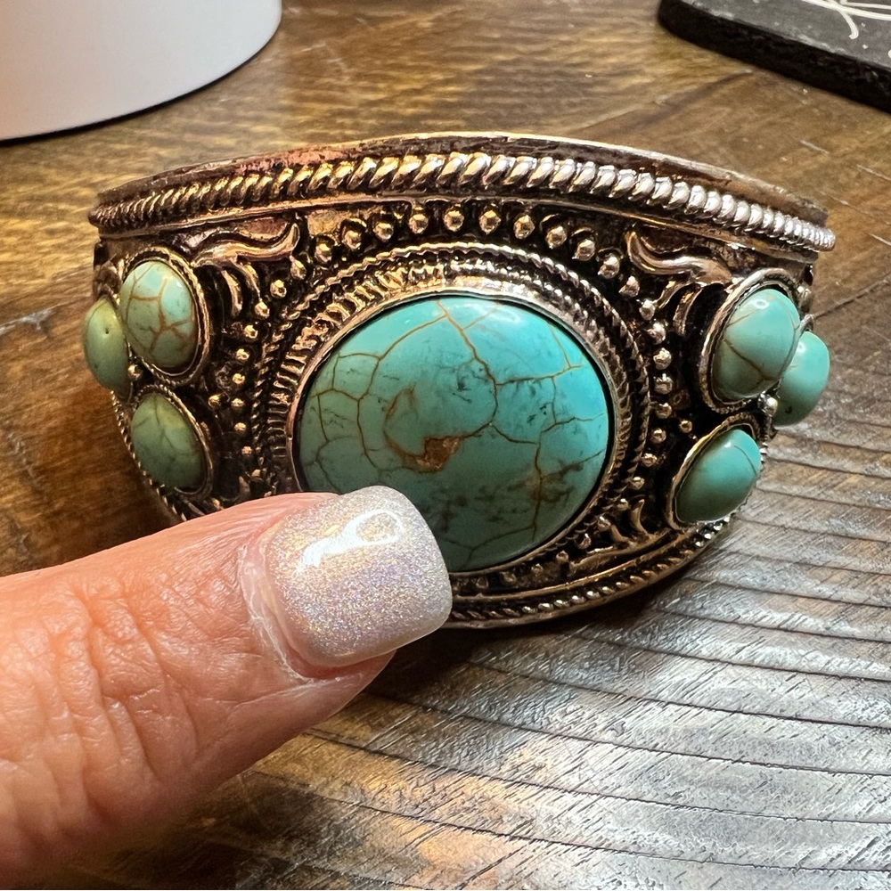 Turquoise and Silver Statement Cuff Bracelet - Picture 2 of 6